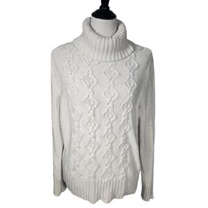 LOFT Ann Taylor XL Cream Silver Metallic Cable Knit Turtleneck Sweater